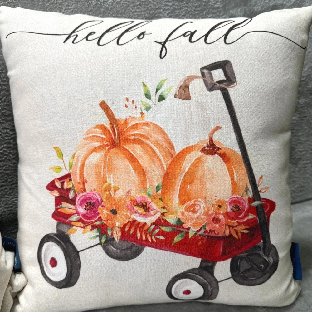 Fall Throw‎ Pillows Set 2 Hello Fall Hay Fall Wagon Autumn Pumpkin Cottagecore
